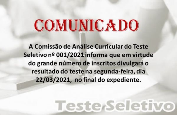 TESTE SELETIVO Nº 001/2021/SEMUSA - RESULTADO DIA 22/03/2021